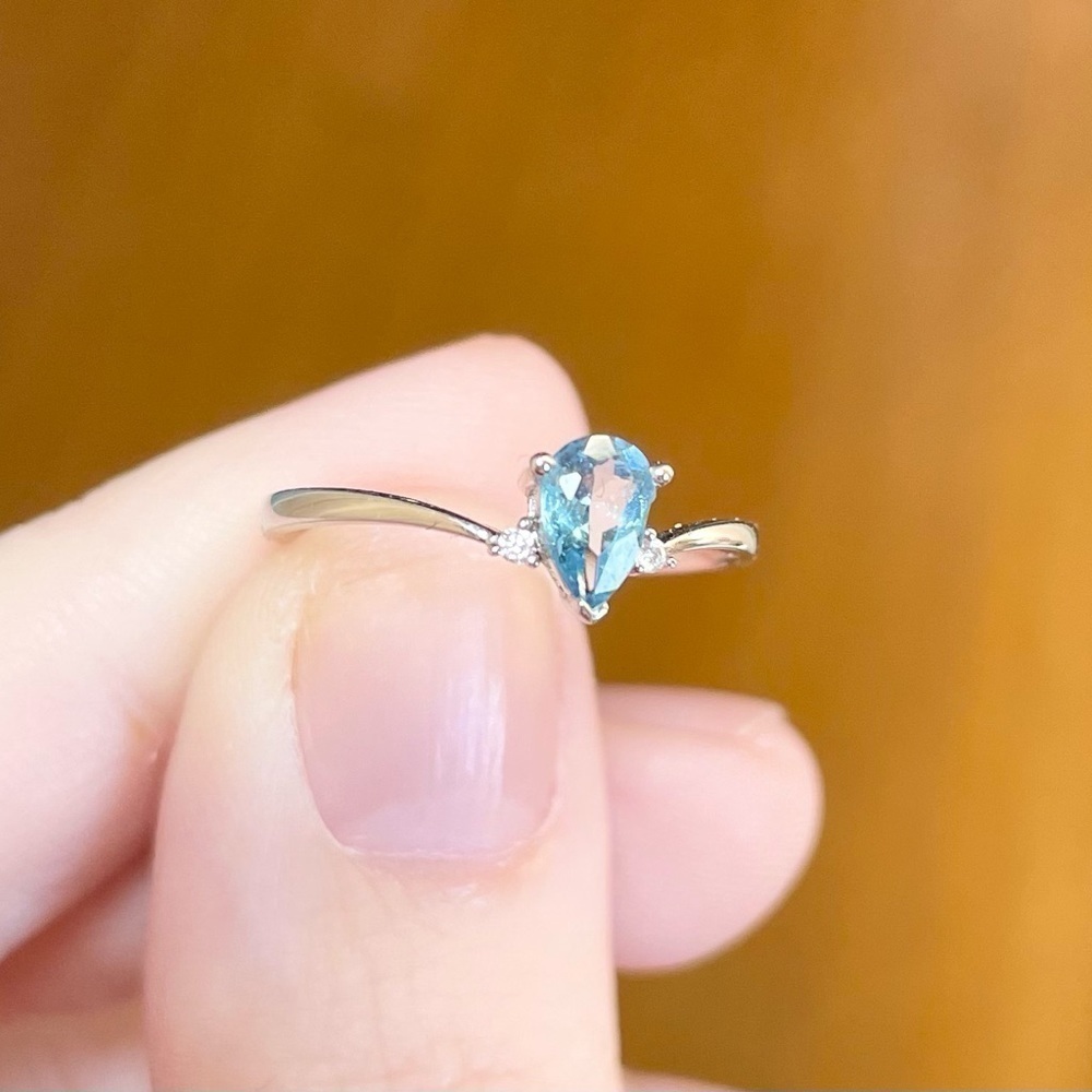 dainty deep blue aquamarine teardrop diamond 18k solid white gold solita… - Picture 5 of 10